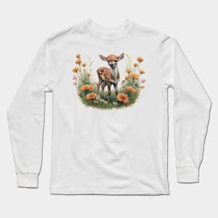 fawn in a field of flowers Long Sleeve T-Shirt